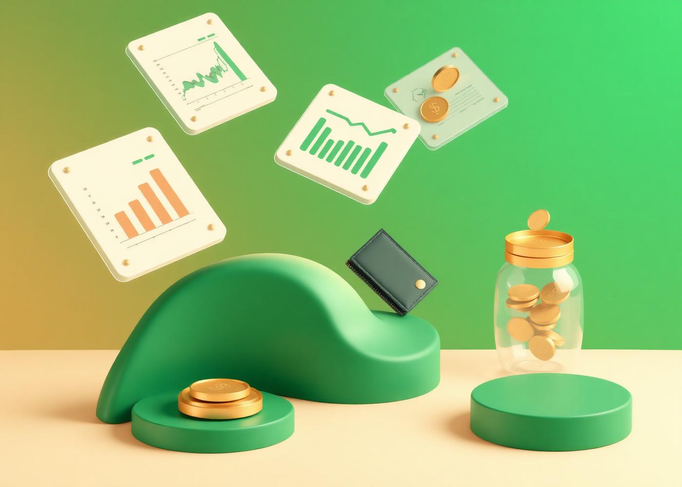 Financial planning illustration with charts, a wallet, and a savings jar